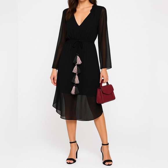 MISA Tanaz Black Bohemian Midi Dress Tassel Trim Resort Style - Picture 1 of 9